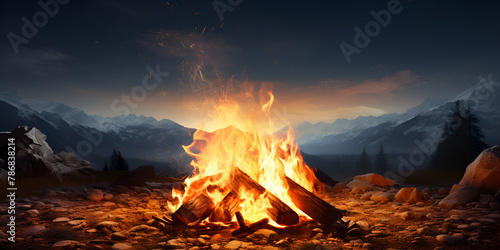 camp fire in the forest at night darkness warmth fiery behind mountains background