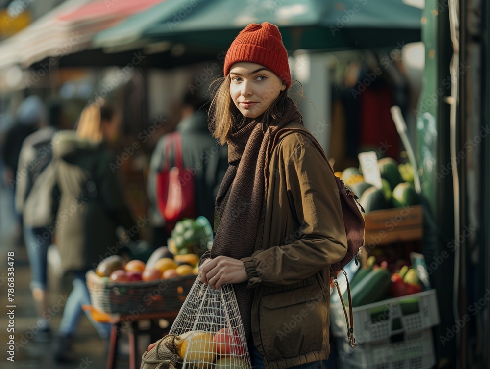 Woman holding bags of groceries at market Woman holding bags of groceries at market
