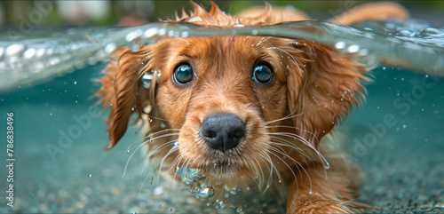 A beautiful golden retriever puppy swims under water