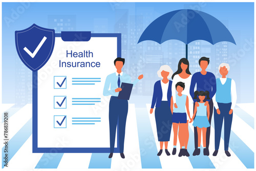 Insurance agent present insurance policy for family to protect from life and health accident. Health and life insurance policy, healthcare concept