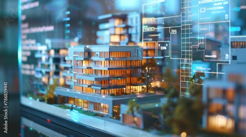 Miniature modern condo building models displayed on a digital screen with real-time property listings, showcasing the integration of technology in the real estate market.