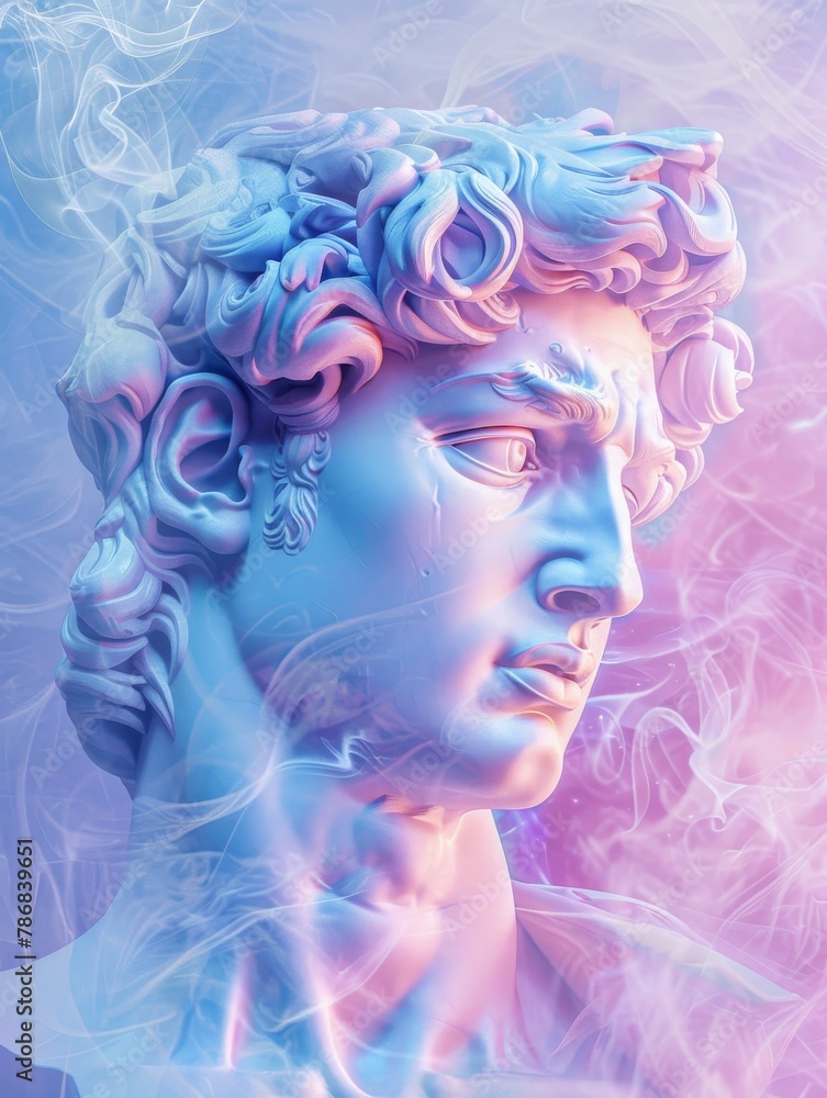 A fantastical digital artwork of a face sculpture with bold colors entwined in wisps of smoke