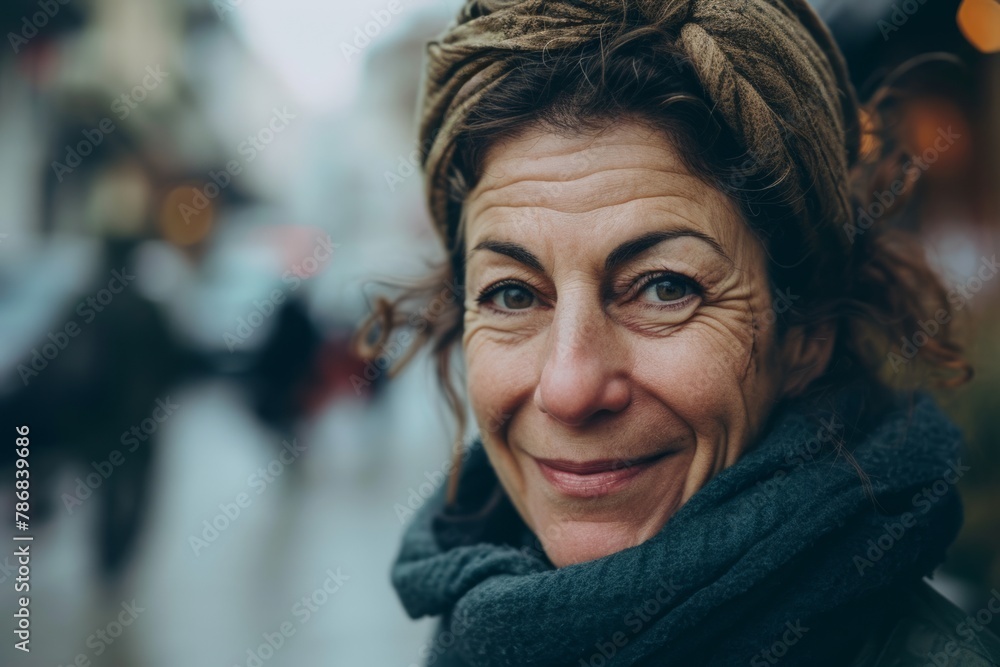 Portrait of a middle-aged woman in a scarf on the street Portrait of a middle-aged woman in a scarf on the street