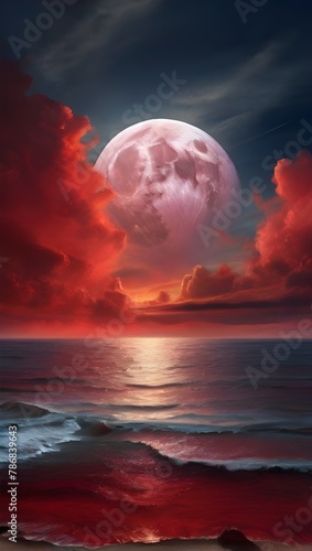 sunset over ocean, red clouds with dark sky, big moon © Adithya Art Hub