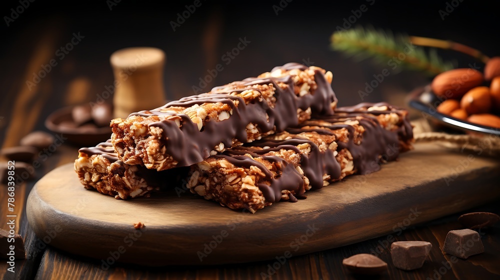 Granola bars with nuts, raisins and chocolate on wooden background