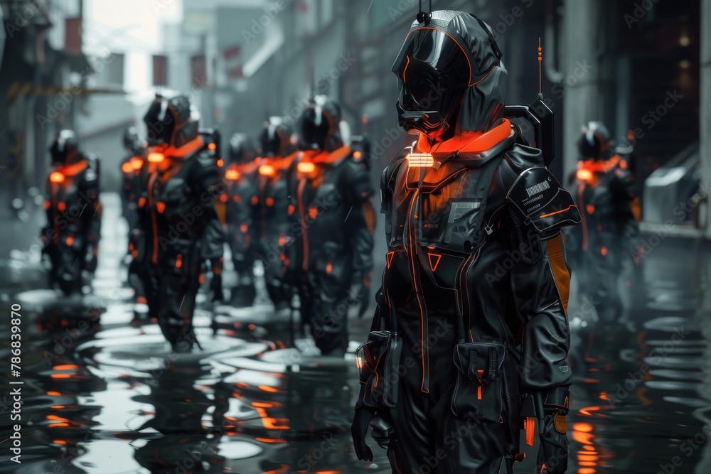 A troop of futuristic soldiers marches through a dark, rain-slicked cityscape, their orange-illuminated gear creating a stark contrast with the gloomy surroundings