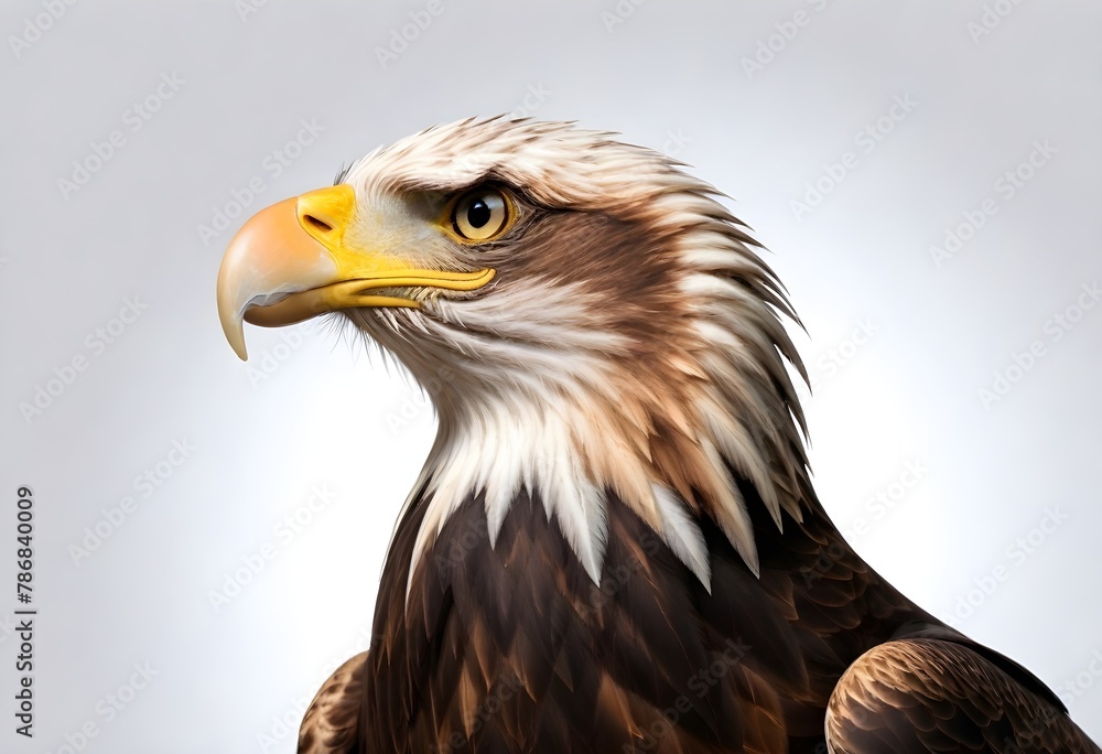 Close-up of a bald eagle's head with detailed feathers, a sharp yellow beak against a plain light background Close-up of a bald eagle's head with detailed feathers, a sharp yellow beak against a plain light background