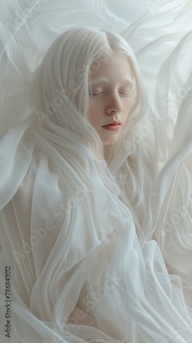 A tranquil scene of a woman appearing to be sleeping inside a soft cloud of white tulle, evoking a serene and dreamlike state