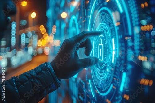 In a world of advanced cybersecurity, a businessman asserts control by gripping a padlock button on a virtual display, Male figure in a jacket engages with glowing cyber lock on holographic screen. photo