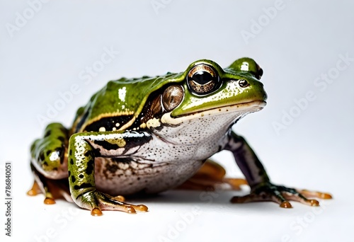 Close-up of a frog with large eyes sitting against a white background photo