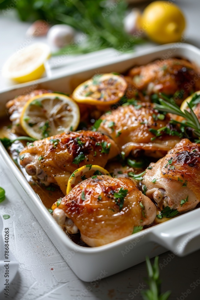 Sizzling close-up of roasted chicken thighs with lemon wedges, garlic, and herbs showing textures and details Sizzling close-up of roasted chicken thighs with lemon wedges, garlic, and herbs showing textures and details