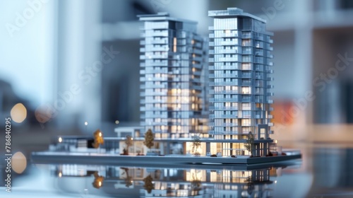 A sleek modern condo building model standing on a reflective surface, symbolizing contemporary urban living. 