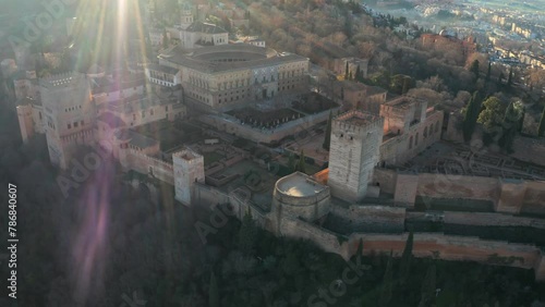 Alhambra drone aerial, Bright Sun Shining Over Alhambra Palace In Granada, Spain