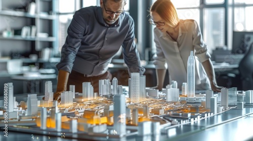 A duo reviews an illuminated architectural model city, emphasizing specific golden lit areas