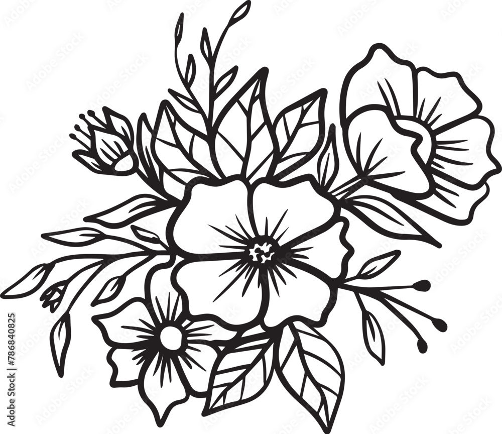 Hand-drawn floral arrangement outlines design flowers and leaves bouquet. Sketch design of floral decorative