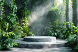 A stone podium is surrounded by lush greenery, with mist rising from the ground. The background is an abstract grey wall with jungle foliage and plants. Created with Ai