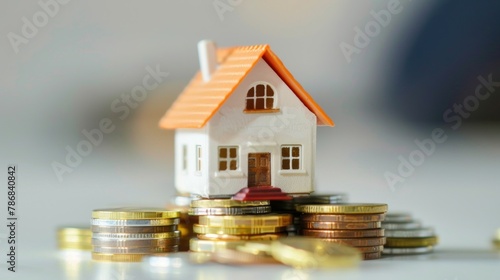 A small house model on a stack of coins, depicting the financial aspect of homeownership and property investment.
