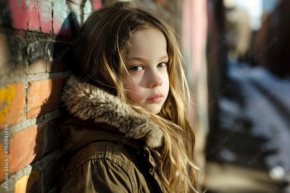 Portrait of a beautiful little girl with long hair in the city.