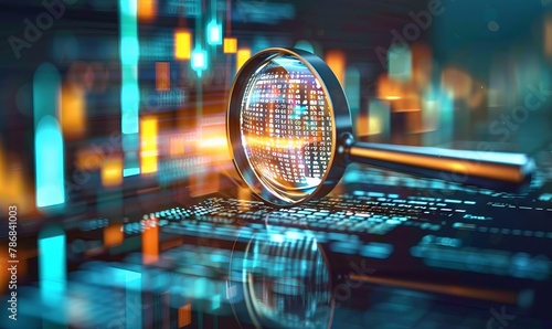 Magnifying Glass on Futuristic Digital Grid Background