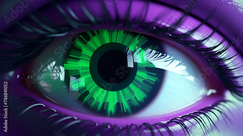 A close up of a green and purple eye with a glow eyelashes on a purple background 