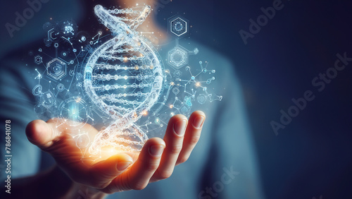 close up of man holding glowing gene manipulated human DNA helix with copy space. photo