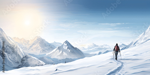 Tourist with walking sticks descending dangerous rocky mountain slope covered with snow space background. 