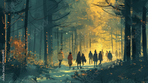 Group of backpackers walking through forest  photo