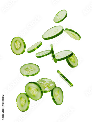 floating thin slices of cucumber on transparency background PNG 