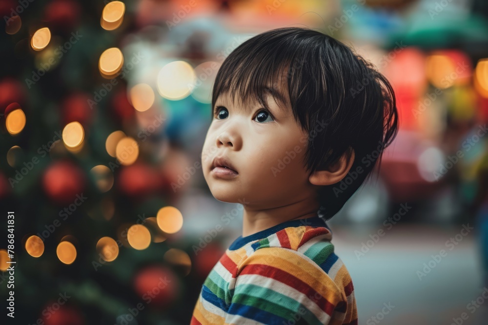 Cute asian baby boy looking at christmas tree with bokeh background Cute asian baby boy looking at christmas tree with bokeh background