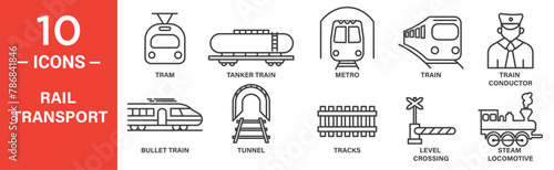 rail transport related vector icon set includes tram, tanker train, metro, train, train, steam, locomotive, and more icons photo