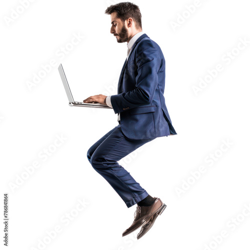 floating horrizontal full body business man using laptop on transparency background PNG
