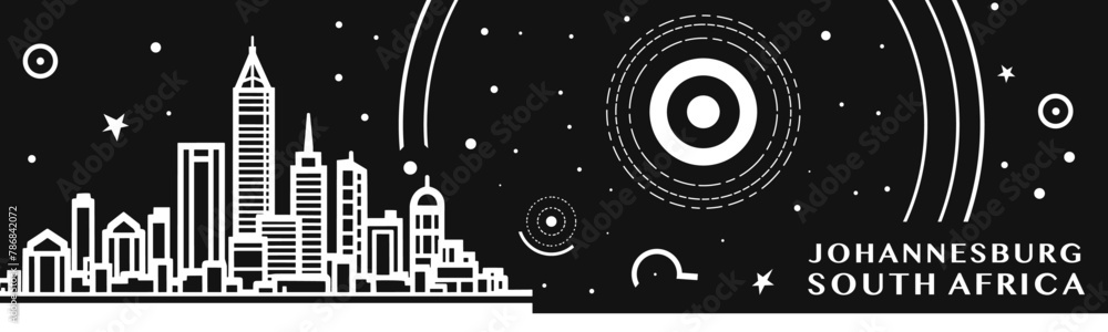 Fototapeta premium Johannesburg city vintage banner with abstract black and white cityscape and skyline. Chalkboard vector horizontal illustration for South Africa metropolitan