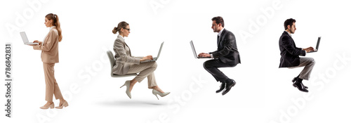 Set f floating full body business woman using laptop on transparency background PNG
