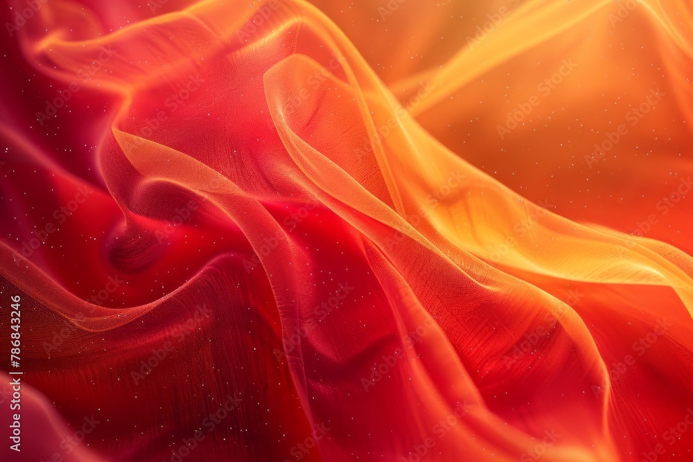 Obraz premium 3D rendering of an abstract background with flowing red and orange waves of fabric. Soft light and blurred smoke along with stars appear at the edges of the composition. Digital art for design