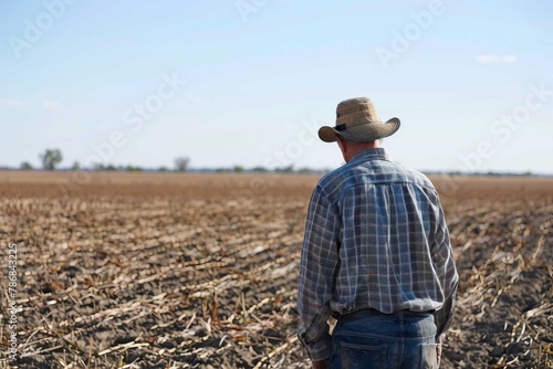 A farmer gazing sadly at wilted crops in a barren field, showcasing the impact of the drought on agriculture.