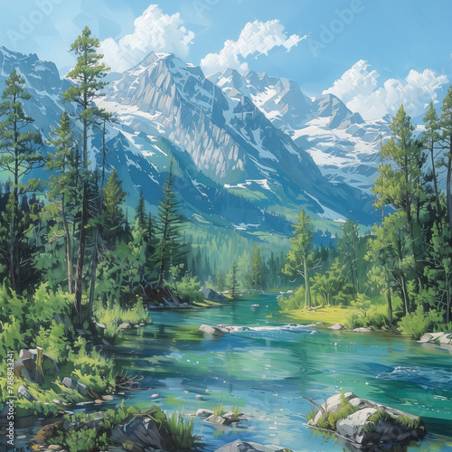 Mountainous river scene  green  painting  generative AI