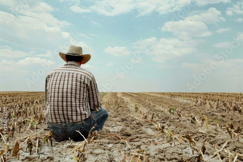 A farmer gazing sadly at wilted crops in a barren field, showcasing the impact of the drought on agriculture.