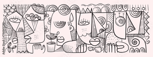 Group of abstract face portrait cubism art style, decorative, line art hand drawn vector illustration. Design for wall art, decoration, poster and print.