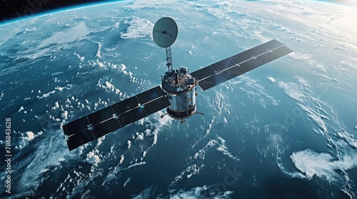 An advanced communications satellite orbiting high above the Earth, its sleek metallic exterior bristling with antennas and solar panels, 
