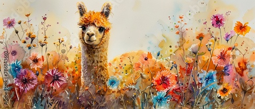Enchanting watercolor painting of a cute alpaca standing amid a vibrant array...