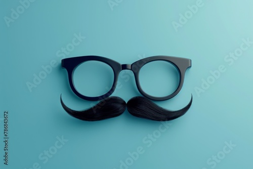 3d render of cute cartoon moustache and glasses on blue background