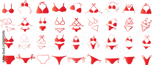 Red bikini vector icons set, showcasing diverse top and bottom designs. Ideal for fashion, retail, summer, beachwear content