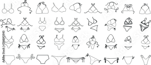 Bikini line art, vector illustration, summer beachwear, swimwear fashion. Various bikini styles, designs showcased. Women’s wear, clothing apparel, easily editable for customization photo
