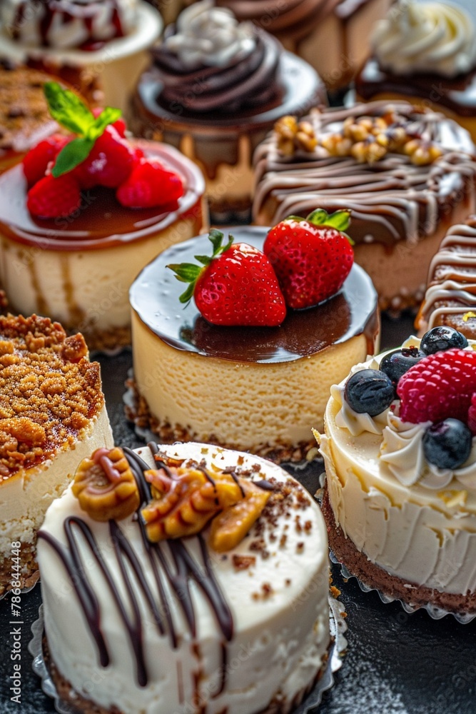 Assorted cheesecakes vibrant toppings Assorted cheesecakes vibrant toppings
