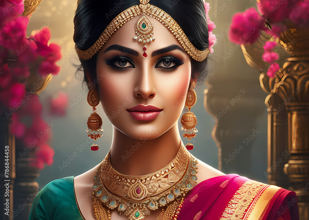 portrait of a woman in a carnival mask, woman having long eyelashes beautiful face, wearing saree, confident and strong personality, generative AI 