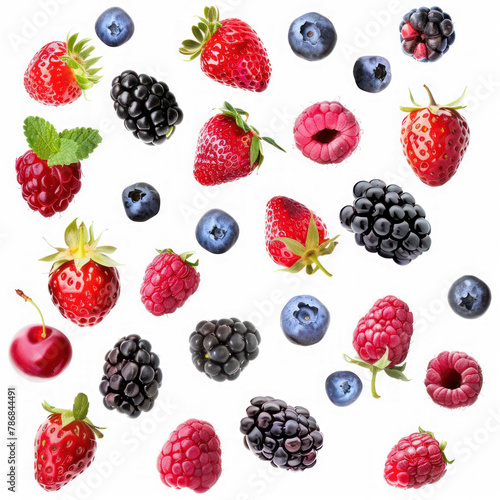 Many different berries floating on transparency background PNG 