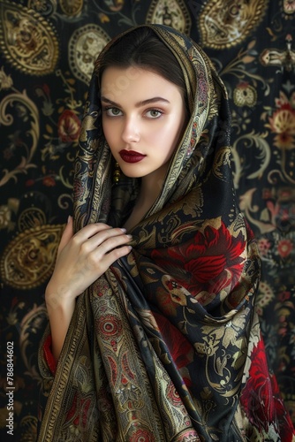 Elegant woman with ornate shawl regal poise