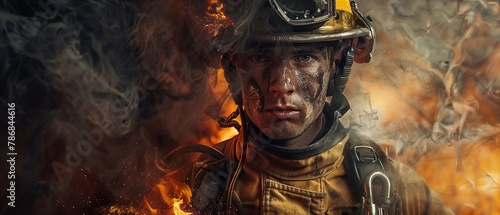 Firefighter in smoke intense gaze
