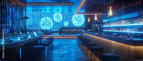 Futuristic Japanese sushi bar with holographic menus neon blue lights photo
