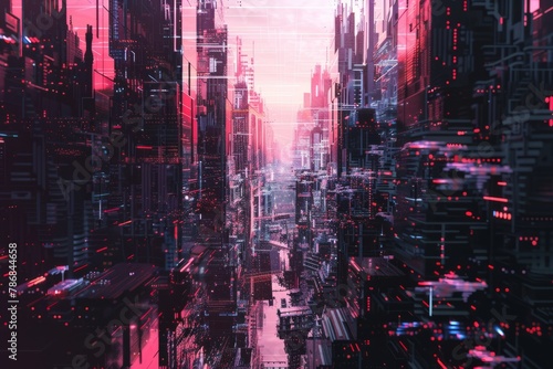 A cybernetic cityscape with abstract digital overlays  glitch effects  and pixelated textures  Generative AI